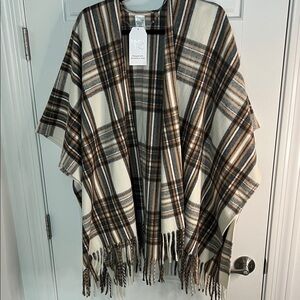 Time and Tru Checkered Fringe Poncho - Brown and Cream
